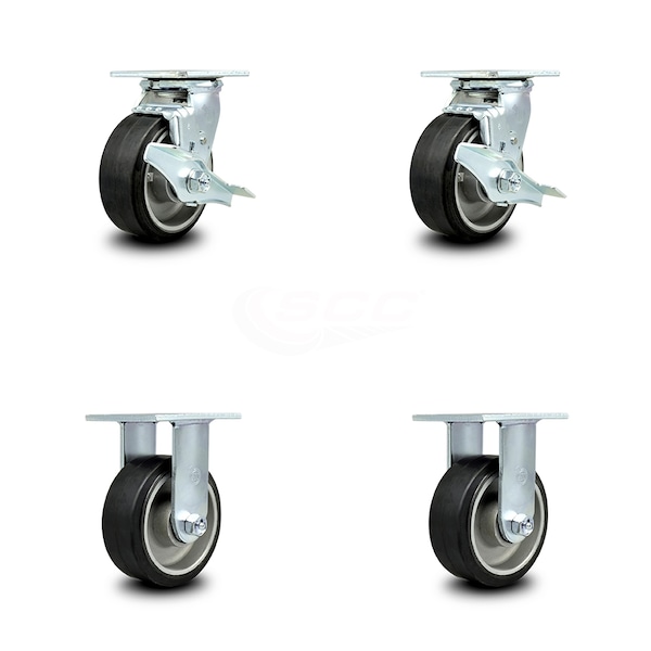 5 Inch Rubber on Aluminum Caster Set with Ball Bearings 2 Brakes 2 Rigid SCC